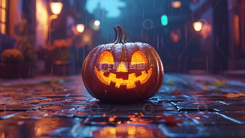 高清大图下载【趣麦麦图】雨夜街灯下的南瓜灯