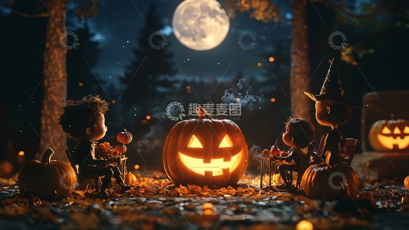 高清大图下载【趣麦麦图】万圣节夜晚森林中的南瓜灯