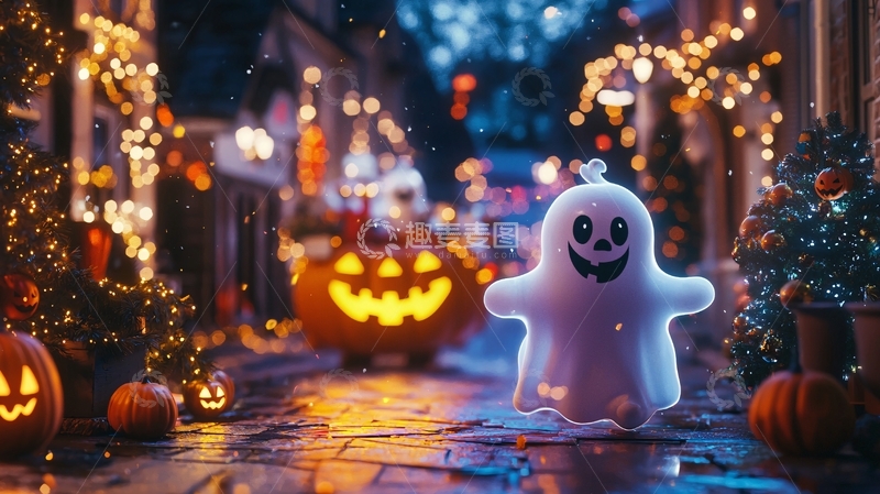 高清大图下载【趣麦麦图】万圣节夜晚街道装饰灯饰