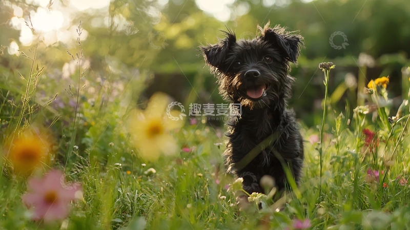 高清大图下载【趣麦麦图】黑狗在花丛中玩耍