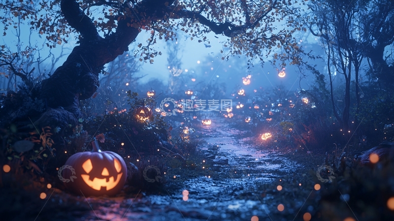 高清大图下载【趣麦麦图】万圣节夜晚森林南瓜灯