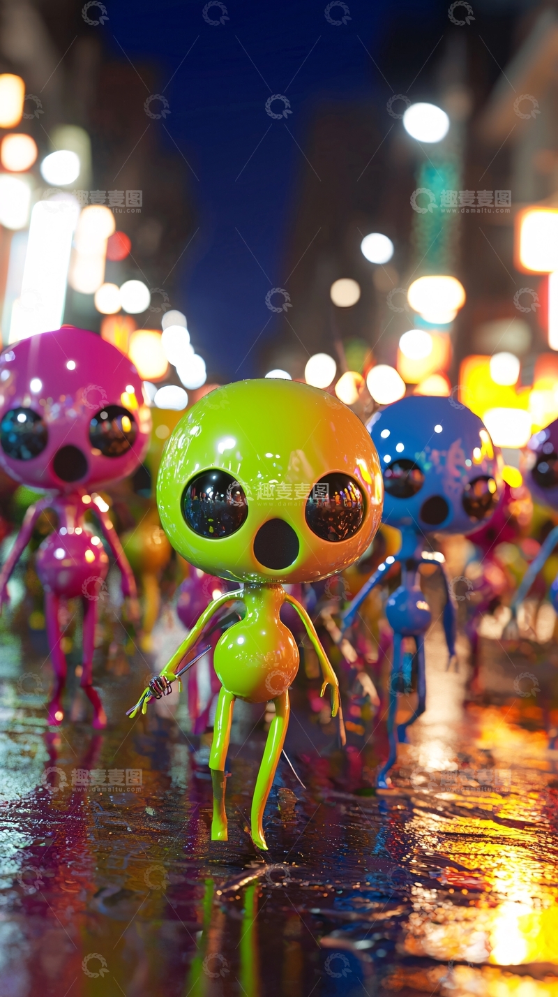 高清大图下载【趣麦麦图】夜晚霓虹灯下的彩色外星人