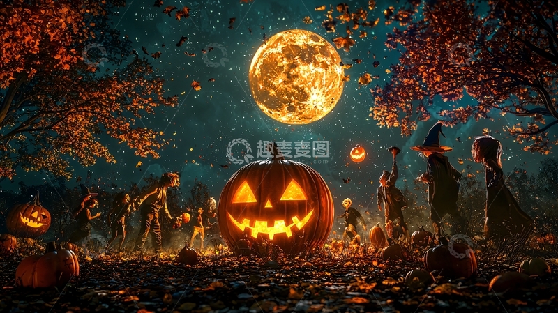 高清大图下载【趣麦麦图】万圣节夜晚南瓜灯与鬼怪