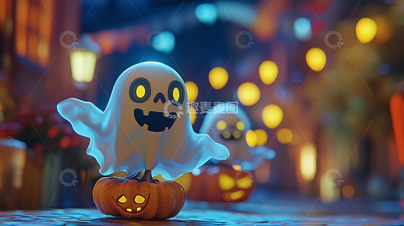 高清大图下载【趣麦麦图】万圣节夜景中的幽灵南瓜灯