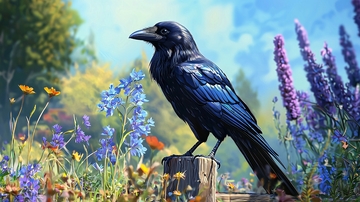 乌鸦与花丛中的自然美景