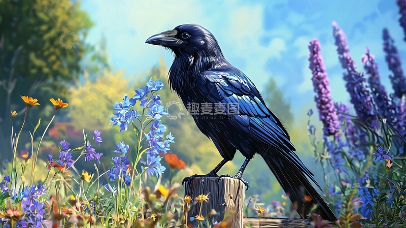 高清大图下载【趣麦麦图】乌鸦与花丛中的自然美景