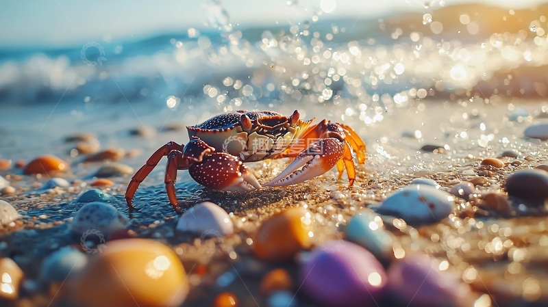 高清大图下载【趣麦麦图】海滩上的螃蟹与五彩石