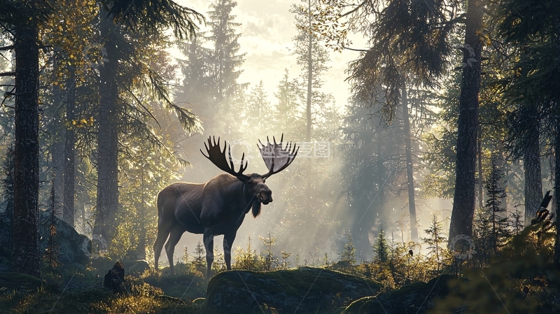 高清大图下载【趣麦麦图】晨光中的森林与驼鹿