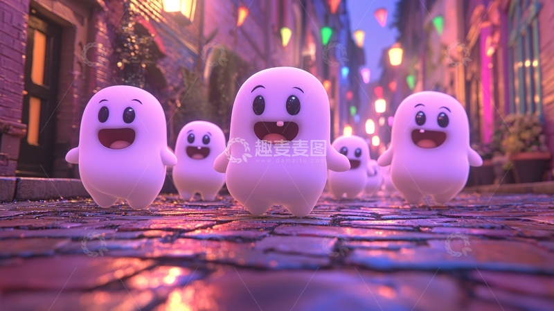高清大图下载【趣麦麦图】紫色街道上的卡通幽灵