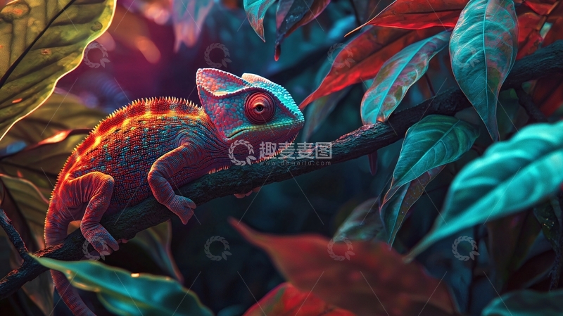 高清大图下载【趣麦麦图】色彩斑斓的变色龙在热带植物中
