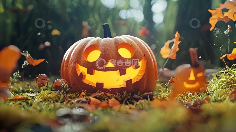高清大图下载【趣麦麦图】万圣节南瓜灯与落叶