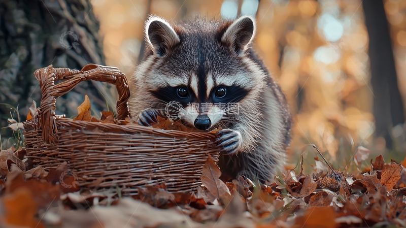 高清大图下载【趣麦麦图】秋日森林中的浣熊与篮子