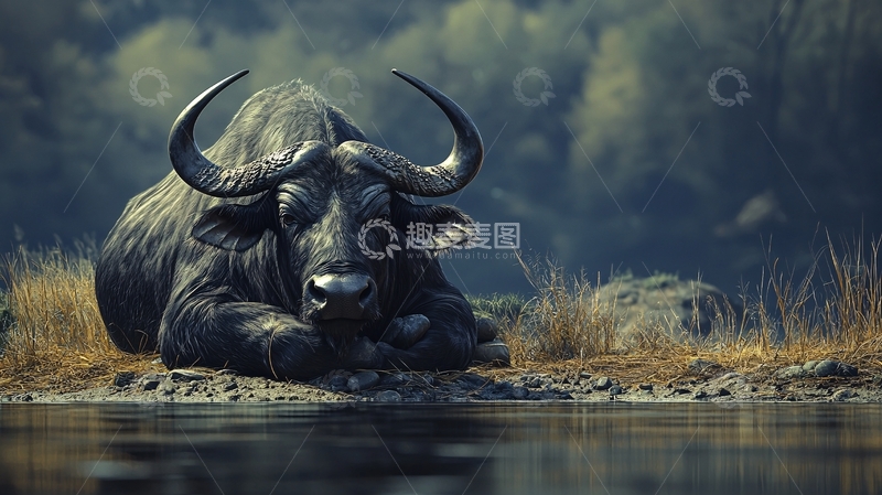 高清大图下载【趣麦麦图】水牛休息在河边