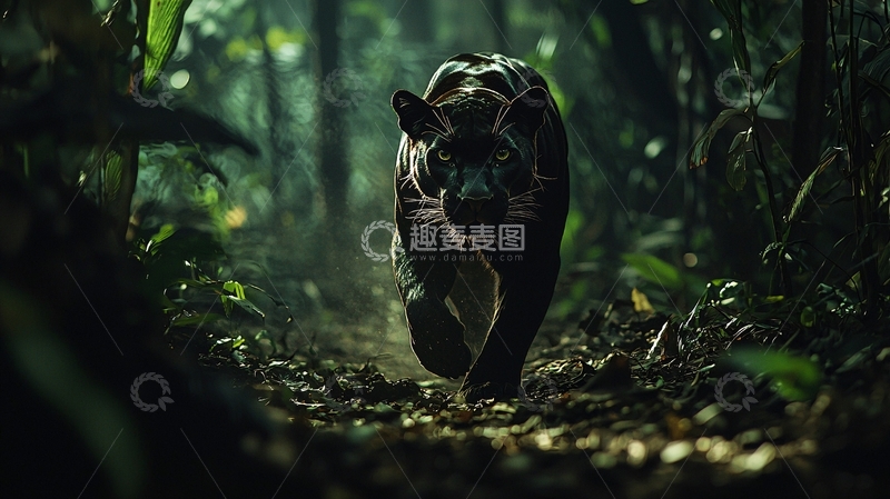 高清大图下载【趣麦麦图】黑豹在丛林中行走