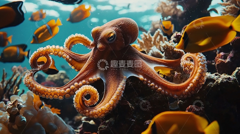 高清大图下载【趣麦麦图】海底章鱼与珊瑚礁