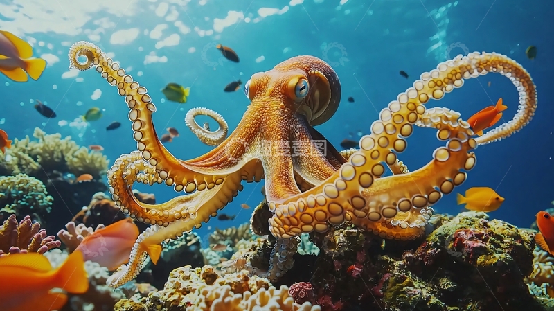 高清大图下载【趣麦麦图】海底章鱼与珊瑚礁