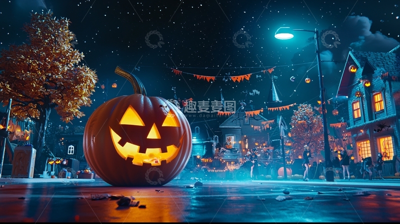 高清大图下载【趣麦麦图】万圣节夜晚南瓜灯街道场景