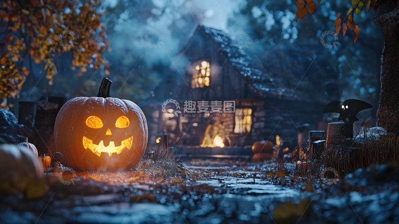 高清大图下载【趣麦麦图】万圣节南瓜与鬼屋夜景