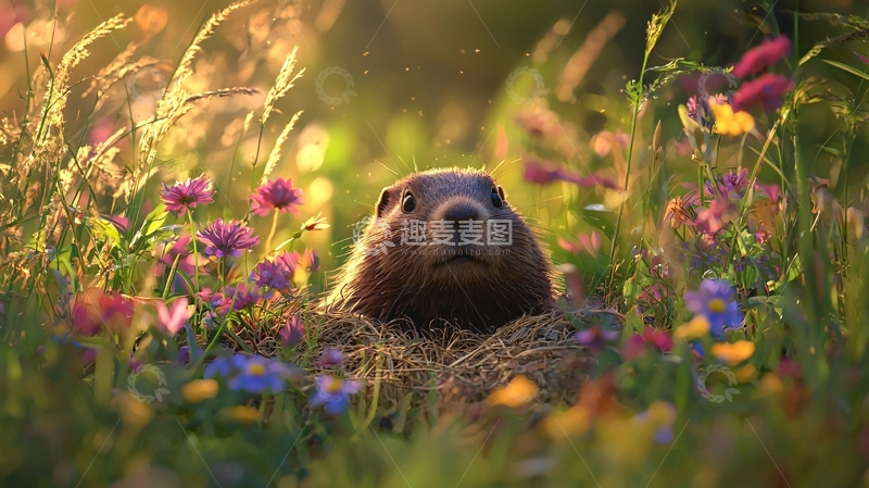 高清大图下载【趣麦麦图】阳光下的草地上的土拨鼠