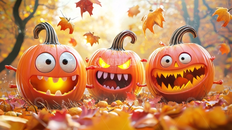 高清大图下载【趣麦麦图】万圣节南瓜灯与落叶