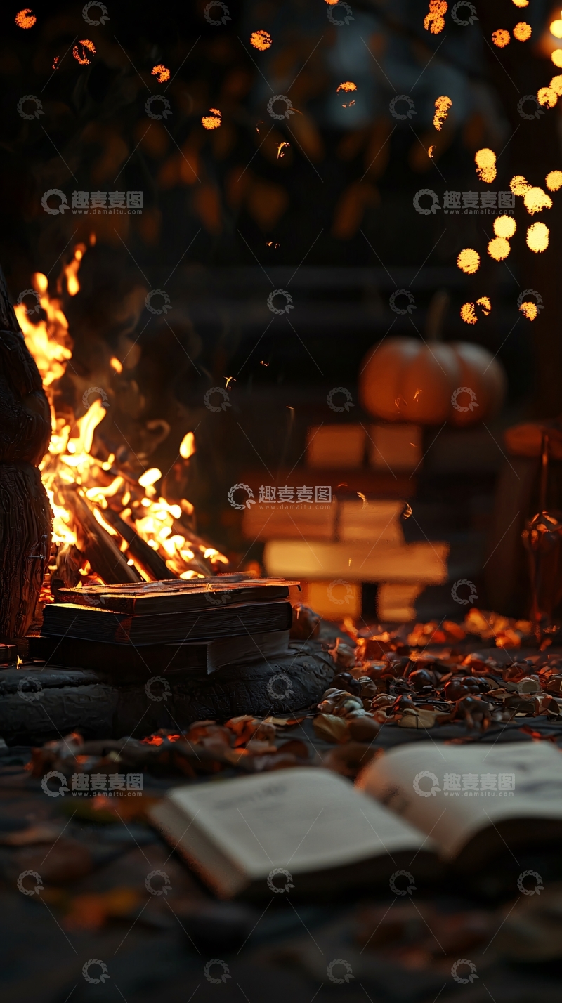 高清大图下载【趣麦麦图】秋夜篝火与书卷