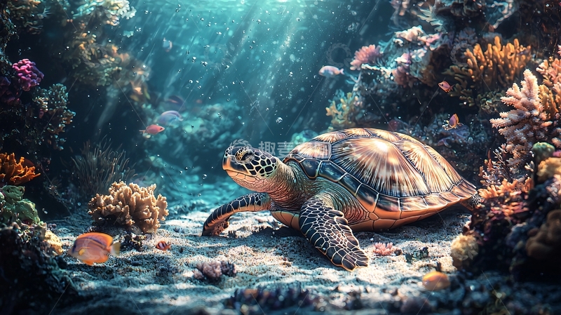 高清大图下载【趣麦麦图】海底龟游珊瑚礁