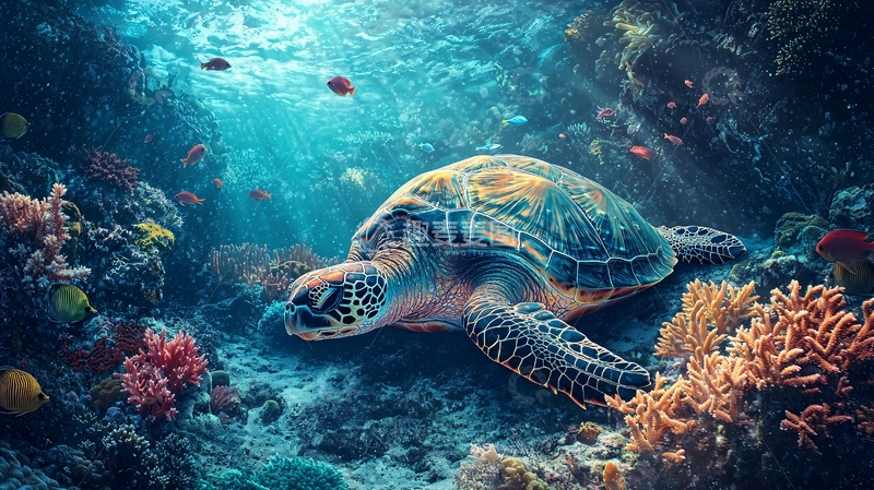 高清大图下载【趣麦麦图】海底龟游珊瑚礁