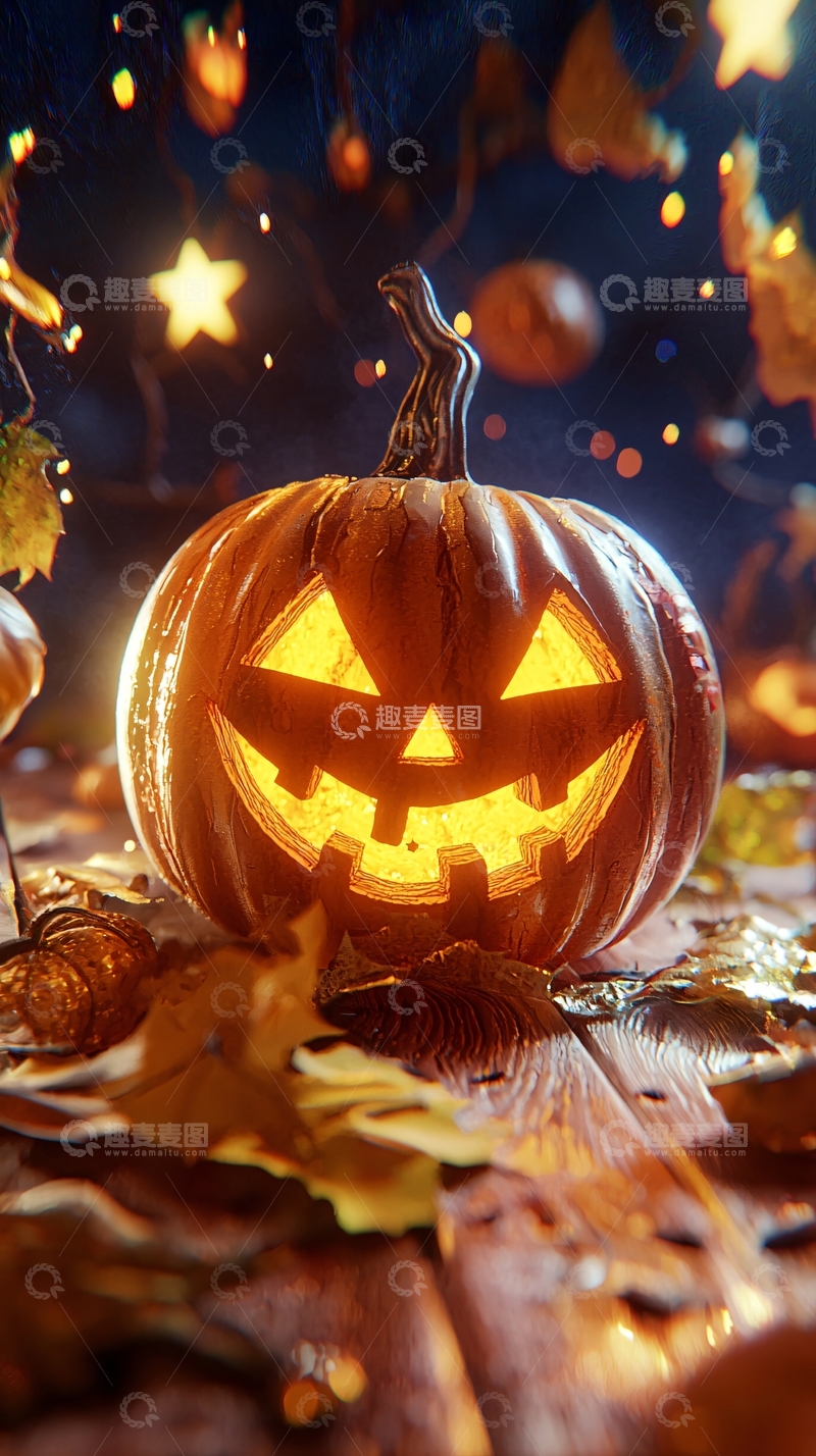 高清大图下载【趣麦麦图】万圣节南瓜灯与落叶
