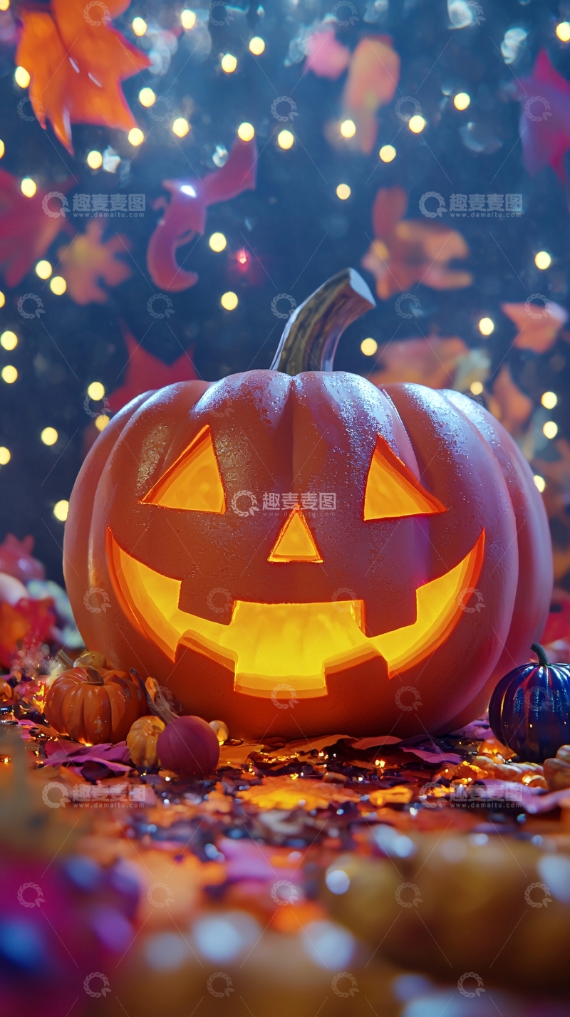 高清大图下载【趣麦麦图】万圣节南瓜灯与落叶背景