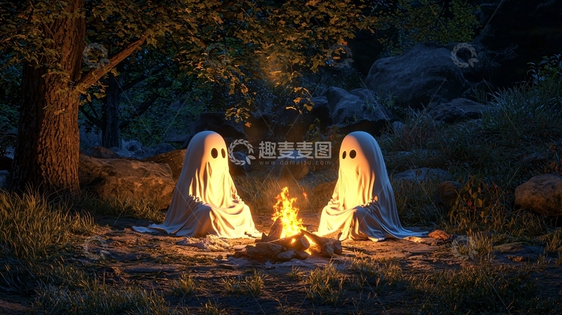 高清大图下载【趣麦麦图】幽灵在篝火旁的森林夜晚