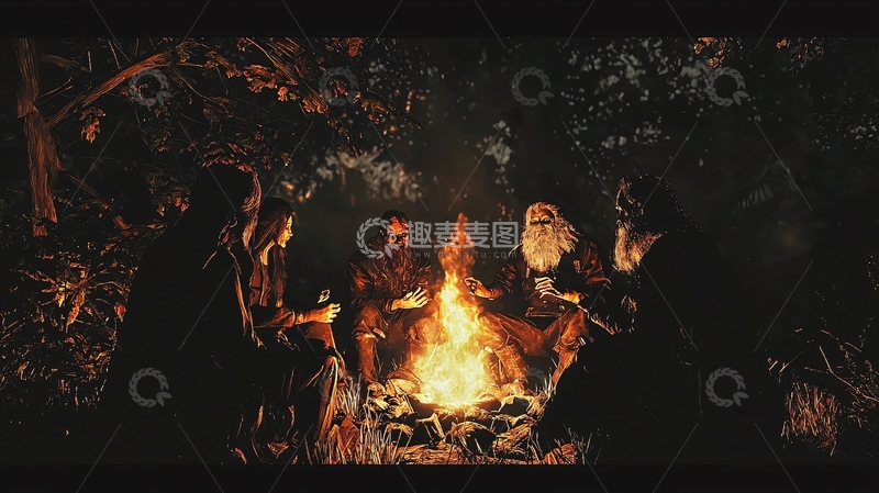 高清大图下载【趣麦麦图】夜晚篝火旁的神秘人物