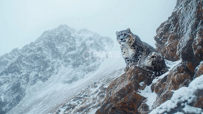 高清大图下载【趣麦麦图】雪豹雪山岩石背景