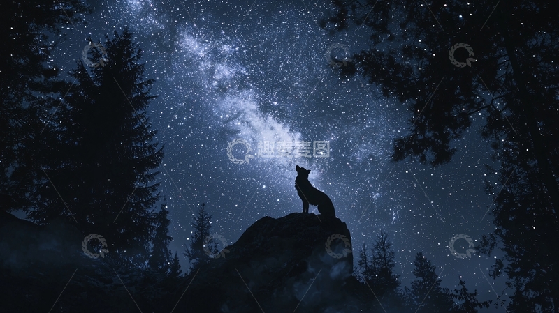 高清大图下载【趣麦麦图】夜空下的狼与银河