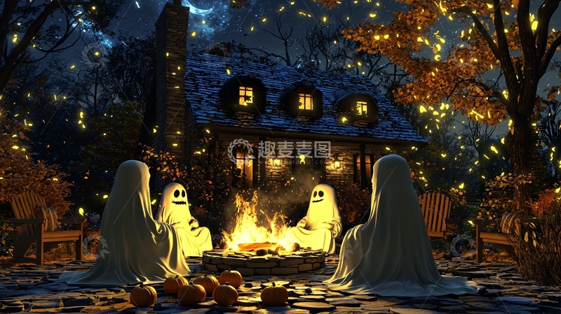 高清大图下载【趣麦麦图】万圣节鬼魂围着篝火