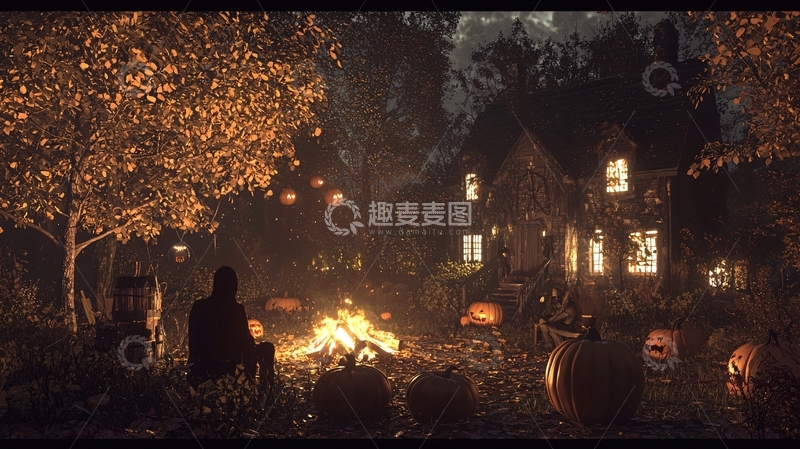 高清大图下载【趣麦麦图】万圣节夜晚的南瓜灯与篝火