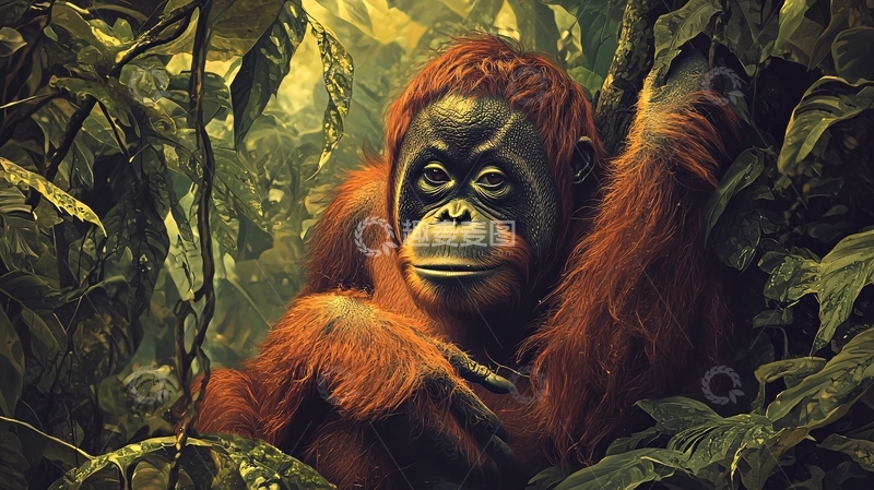 高清大图下载【趣麦麦图】丛林中的红毛猩猩
