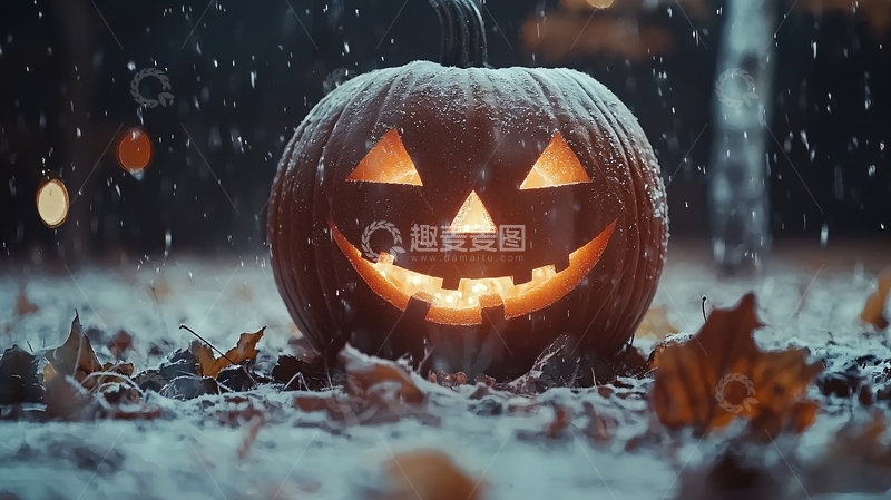 高清大图下载【趣麦麦图】万圣节南瓜灯在雪中