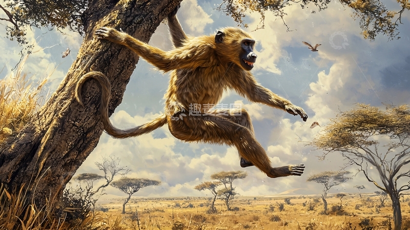 高清大图下载【趣麦麦图】非洲草原上的猴子跳跃场景