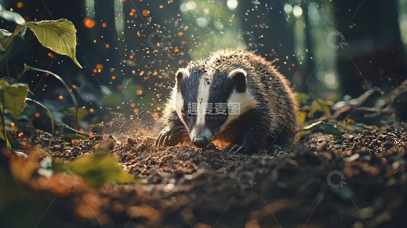 高清大图下载【趣麦麦图】森林中的土拨鼠挖掘场景