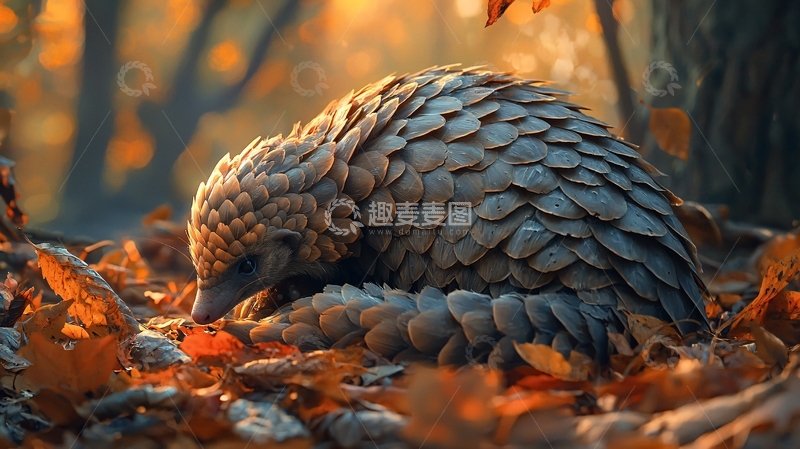 高清大图下载【趣麦麦图】秋日森林中的穿山甲