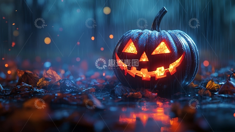 高清大图下载【趣麦麦图】雨夜中的南瓜灯