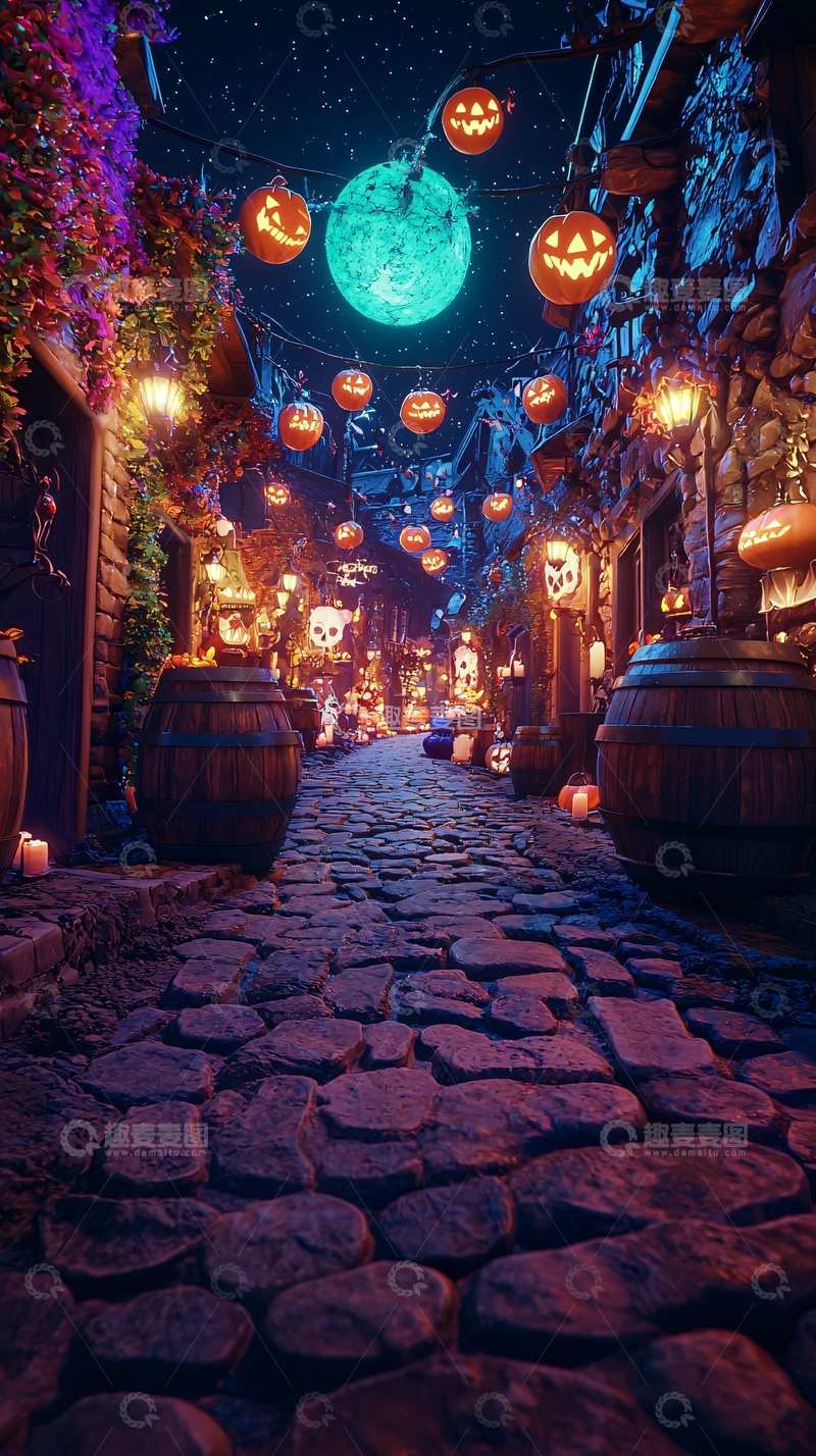 高清大图下载【趣麦麦图】万圣节夜晚石巷装饰场景