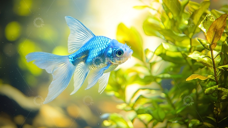 高清大图下载【趣麦麦图】蓝色金鱼在水草中游动