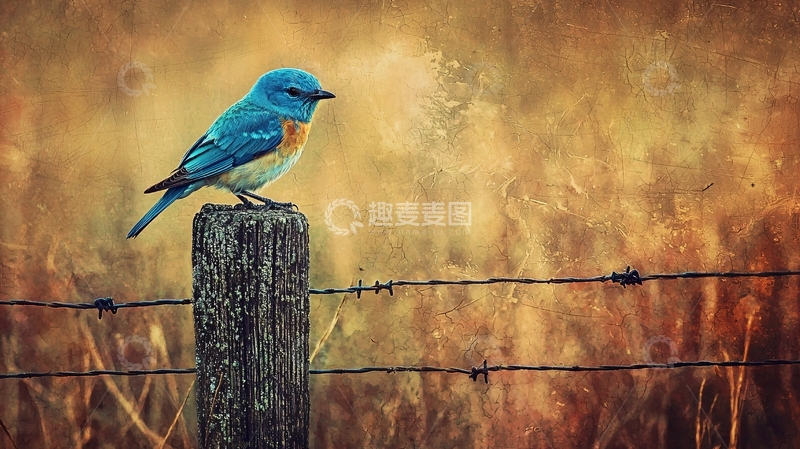 高清大图下载【趣麦麦图】蓝色鸟儿与铁丝网