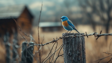 蓝色鸟儿栖息在木桩上的乡村风景