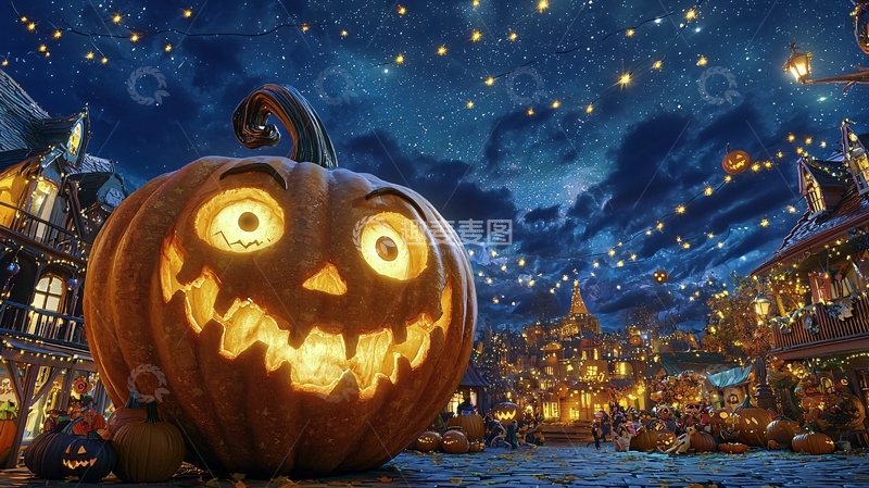 高清大图下载【趣麦麦图】万圣节南瓜灯下的小镇夜景
