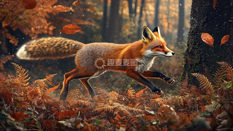 高清大图下载【趣麦麦图】秋日森林中的狐狸奔跑