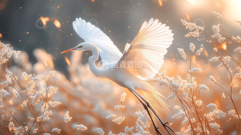 高清大图下载【趣麦麦图】晨光中的白鹭与野花