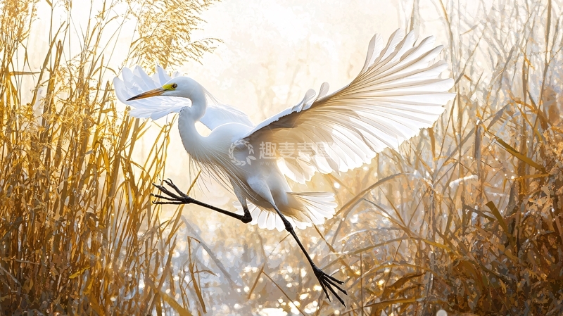 高清大图下载【趣麦麦图】白鹭在芦苇丛中飞翔