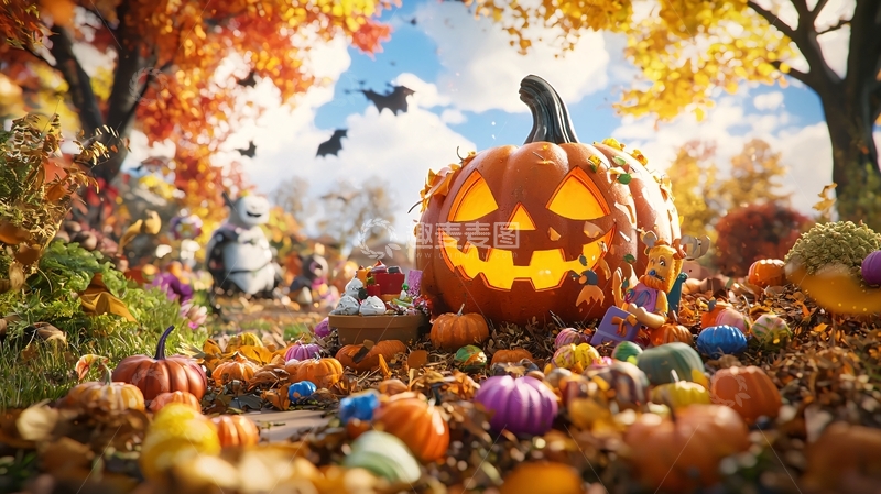 高清大图下载【趣麦麦图】万圣节南瓜与树叶场景